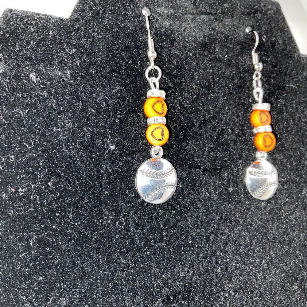 Baseball, Softball W/ Org. Hearts Hook Earrings Shiny Finish Silver PlayBall New